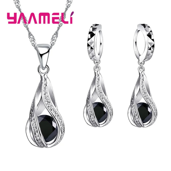 Water Drop Crystal Necklace Earring Set For Women 925 Silver Engagement Wedding Jewelry Set For Valentines Day Gift