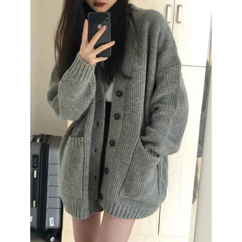 Autumn Winter Women Cardigan Sweater Coats Fashion Female Long Sleeve V-neck Loose Knitted Jackets Casual Sweater Cardigans