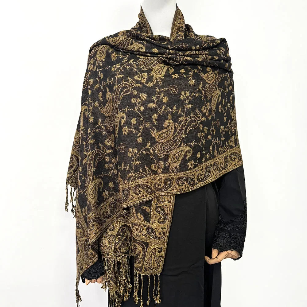 Fashion Ladies Paisley Kashmiri Imitated Pashmina Tassel Scarf Hijab Knitted Jacquard Bauhinia Vintage Scarf 180*70cm