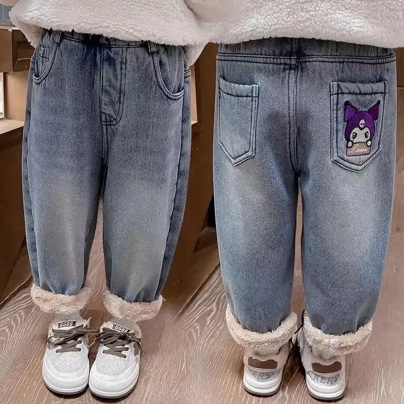 Kuromi Anime Sanrio Ins Children Fleece Thick Jeans Pants Cute Cartoon Kawaii Warm Casual Trousers Clothing Gifts for Kids