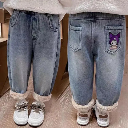 Kuromi Anime Sanrio Ins Children Fleece Thick Jeans Pants Cute Cartoon Kawaii Warm Casual Trousers Clothing Gifts for Kids