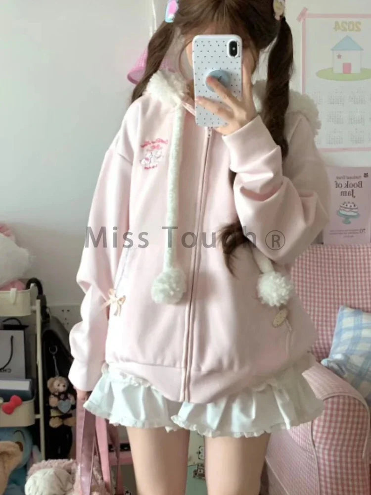 Autumn Kawaii Sweet Long Sleeve Loose Coat Women Japanese Cute Zipper Embroidery Hoodie Female Casual Chic Solid Lovely Overcoat