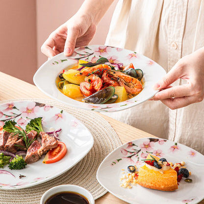 VEWEET ANNIE 60-Piece White Ceramic Pink Floral Porcelain Plate Set with Dinner Soup Dessert Plate ,Cups Saucers for 12 Person