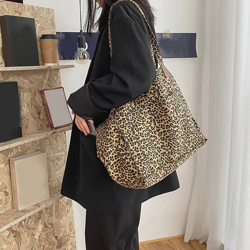 Women Shoulder Bags Canvas Totes Vintage Leopard Large Capacity Elegant Ladies Daily Leisure Handbags Designer Shopping Pouch