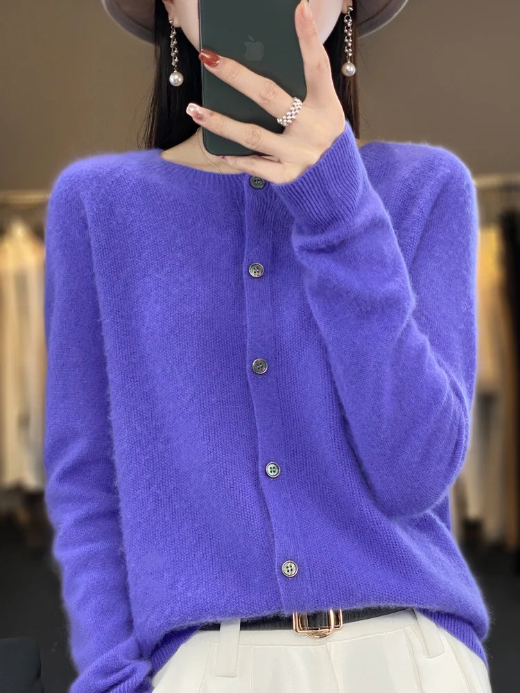 Long Sleeve 100% Merino Wool Sweaters Cashmere Cardigan Spring Autumn Women O-Neck Knitwear Tops Clothing Fashion Basic Tops