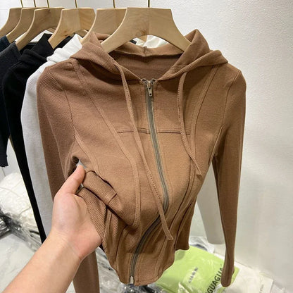 Zipper Hoodes Sweatshirt Korean Women Thin Skinny Casual Sporty Cropped Tops Basic Simple Tennis Jazz Dance Sexy Cardigan