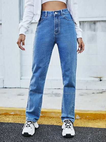 Spliced Ankle Length Straight Pants Women Jeans Loose Fit Denim High Waist Zipper Fly Jean Pockets Streetwear 2025 Vintage