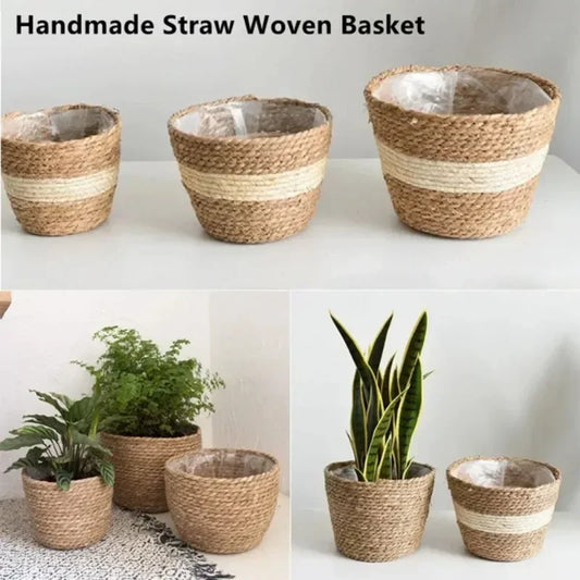 1Pc Nordic Style Handmade Straw Woven Basket Indoor Outdoor Flower Pot Plant Container