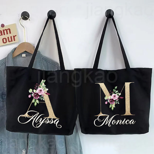 Personalized Initial with Name Tote Bag Women Canvas Shoulder Bags Monogram Shopping Bag Handbags Birthday Wedding Gifts for Her