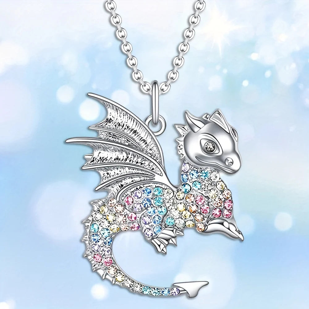 Exquisite Fashion Dragon Pendant Necklace Domineering Animal Necklace Inlaid with Colorful Rhinestones Perfect Gift for Girls