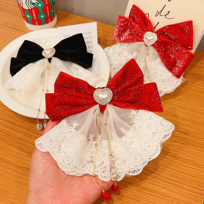 1pc Sweet temperament, lace red bow, one line clip, runaway princess, broken diamond hair clip, back of the head clip headband