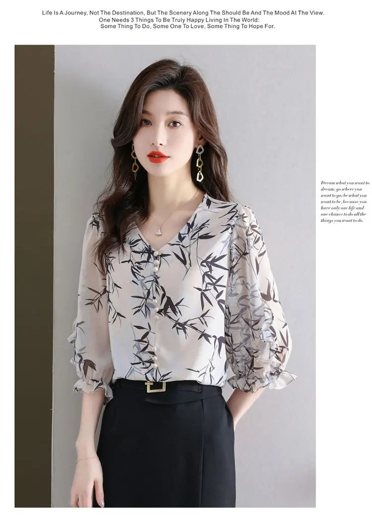 Summer Elegant Fashion Printed 3/4 Sleeve Shirt Women's Clothing Commute Loose Beading Spliced V-Neck Chiffon Blouse for Female