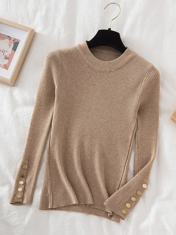 2025 women thick sweater pullovers khaki casual autumn winter button o-neck chic sweater female slim knit top soft jumper tops