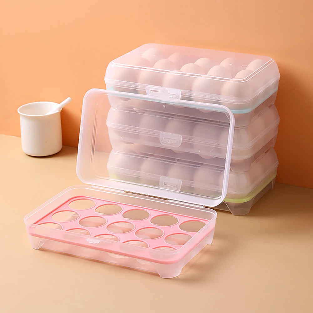 15 Grid Refrigerator Egg Storage Box Plastic Egg Fresh-keeping Case Holder with Lid Transparent Dispenser Kitchen Food Organizer