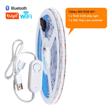 5V USB RGB COB LED Strip Light Wifi Bluetooth-compatible Remote Control 24key 44key Kit 576 LEDs Flexible Tape Linear Lighting