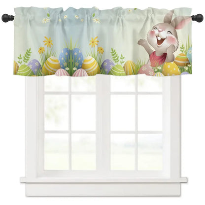 Easter Curtain Decorative for Kitchen Living Room Window Decor Rabbit Flowers Plant Retro Small Window Short Curtain 137x45cm