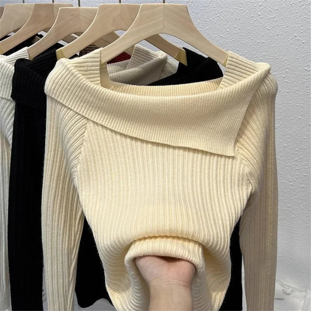 Women's Slim Sweater Pullover Tops Off-Shoulder Knit Basic Spring Autumn New Style Sweater Korean Fashion Winter Clothes Women