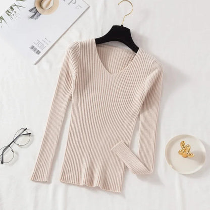 Autumn Winter Women Sweaters Casual Long Sleeve Knitted V Neck Pullover Sweater Femme Basic Solid Jersey Tops Fashion Clothes