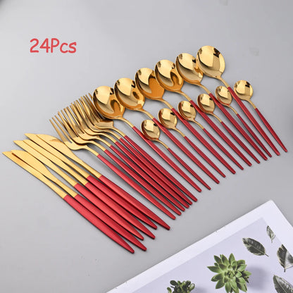 Zoseil Cutlery Set in Red and Gold Stainless Steel 24 Pcs Dinnerware Set in Flatware Kitchen Dinner Mmirror Stainless Steel