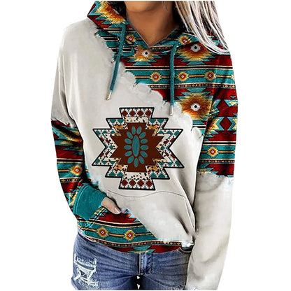 Womens Casual Geometric Horse Print Long Sleeve Drawstring Pullover Tops, Ethnic Style Hooded Sweatshirt