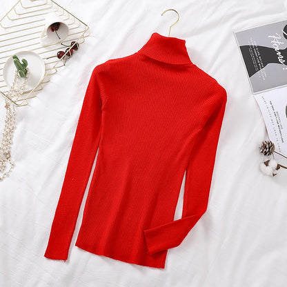 2024 Autumn Winter Women Long Sleeve Knitted Foldover Turtleneck Ribbed Pull Sweater Soft Warm Femme Jumper Pullover Clothes