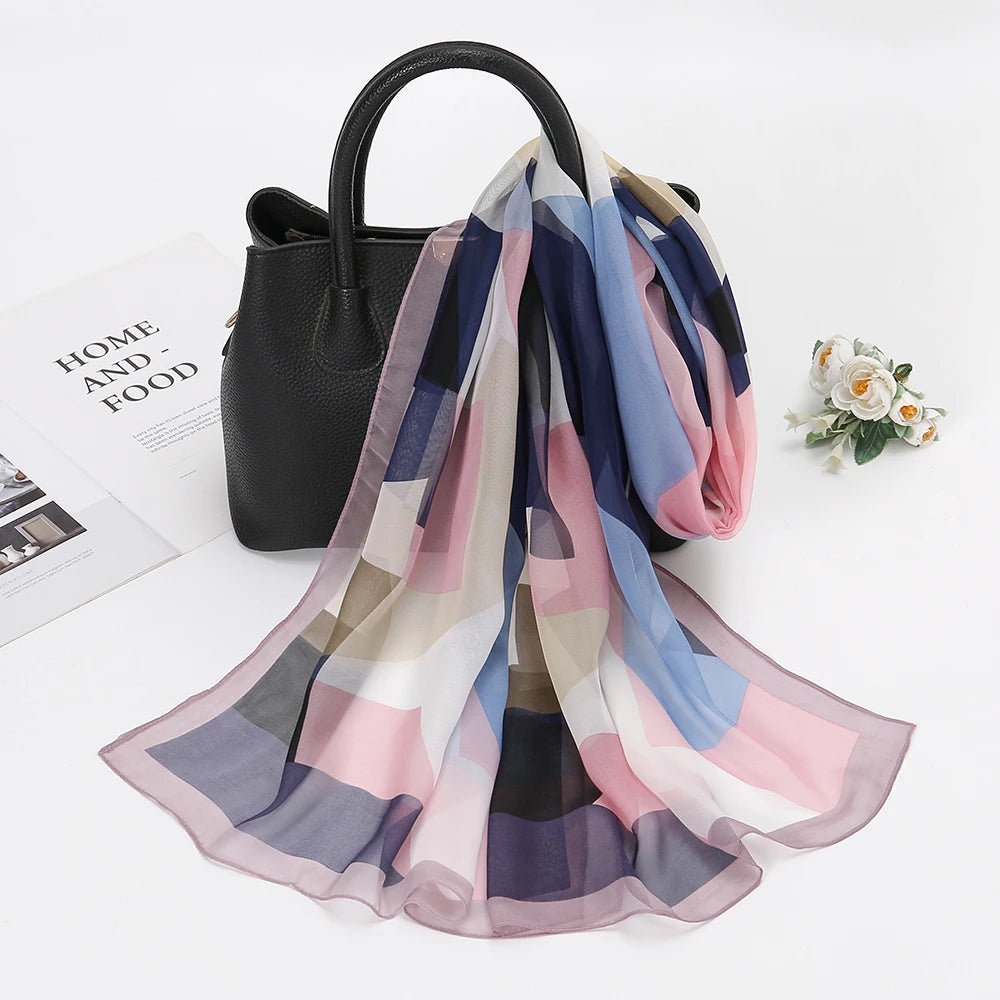 Silk Scarf Chiffon HIjabs for Women Elegant Woman Shawls Wraps Geometric Print Beach Stole Scarves Foulard Femme Hijab 150*50Cm