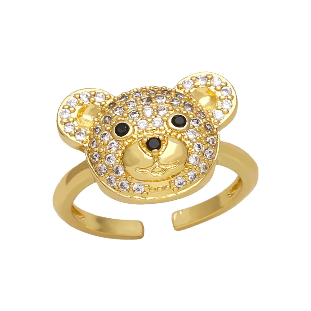 OCESRIO Multicolor Crystal Cute Bear Rings for Women Copper Gold Plated CZ Animal Open Ring Jewelry Women Girl Gift rigk70