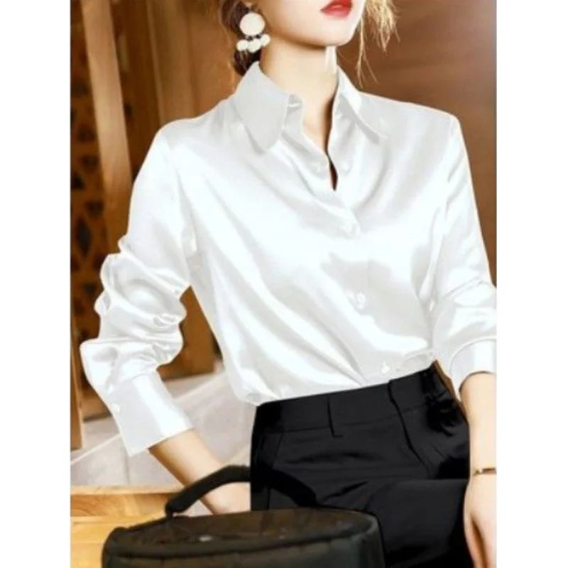 2024 Summer Trend Fashion Women's Casual Elegant Satin Long Sleeved Shirt Office Women's Shirts And Blouses Slim Femal Clothes