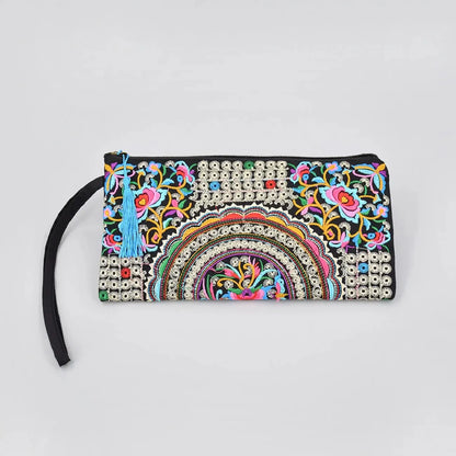 Ethnic Floral Embroidery Square Wallet with Wristlet Clutch Evening Bag - Perfect for Organizing Your Cell Phone and Essentials