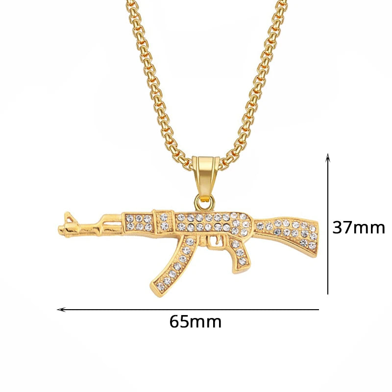 Hip Hop Iced Out Bling AK47 Gun Pendant With Chain Gold Color Stainless Steel Military Necklace For Men Women Jewelry Gift