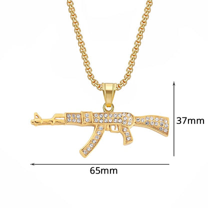 Hip Hop Iced Out Bling AK47 Gun Pendant With Chain Gold Color Stainless Steel Military Necklace For Men Women Jewelry Gift