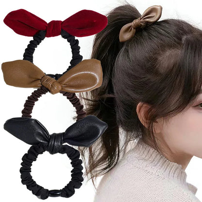 Korean New Leather Velvet Bow Elastic Bands Elegant Ponytail Hair Rope Hair Ties Headwear Girls Women Hair Accessories