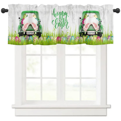 Easter Curtain Decorative for Kitchen Living Room Window Decor Rabbit Flowers Plant Retro Small Window Short Curtain 137x45cm