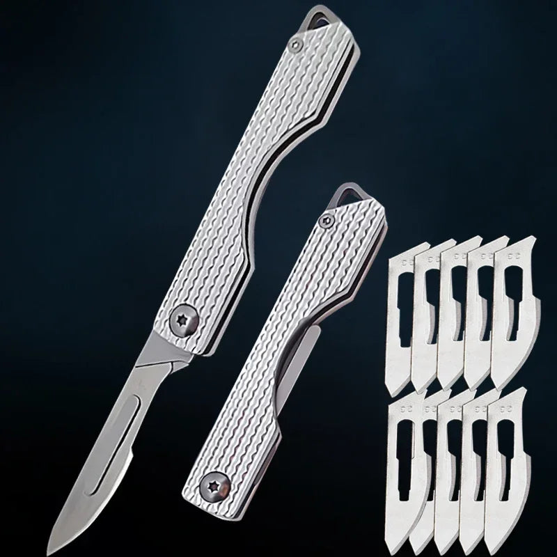 Stainless Steel Folding Knife Keychain Pocket Knife Surgical Mini Knife Replaceable Blades Sharp Multifunctional Knife Tool