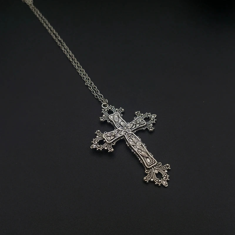 Large Detailed Cross Drill Pendant Jewel Necklace Silver Color Tone Gothic Punk Jewellery Fashion Charm Statement Women Gift(Red