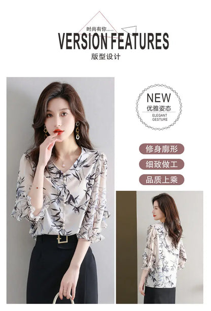 Summer Elegant Fashion Printed 3/4 Sleeve Shirt Women's Clothing Commute Loose Beading Spliced V-Neck Chiffon Blouse for Female