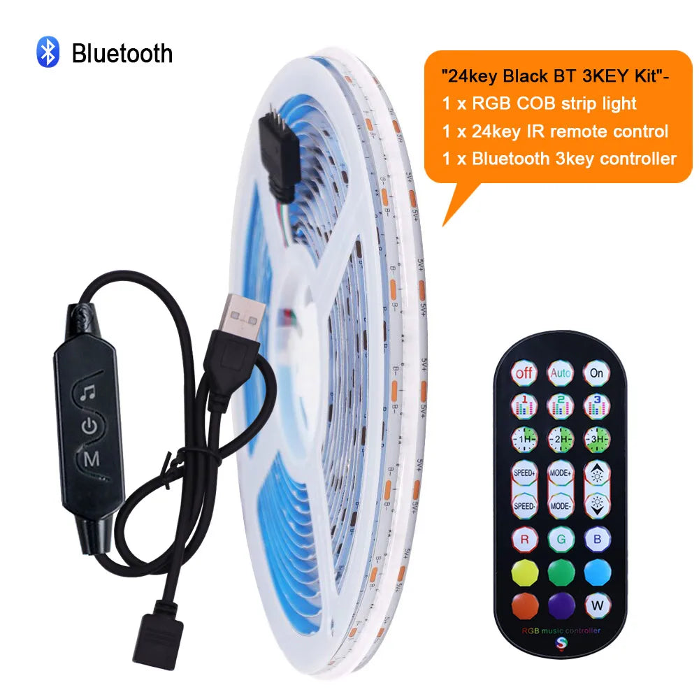 5V USB RGB COB LED Strip Light Wifi Bluetooth-compatible Remote Control 24key 44key Kit 576 LEDs Flexible Tape Linear Lighting