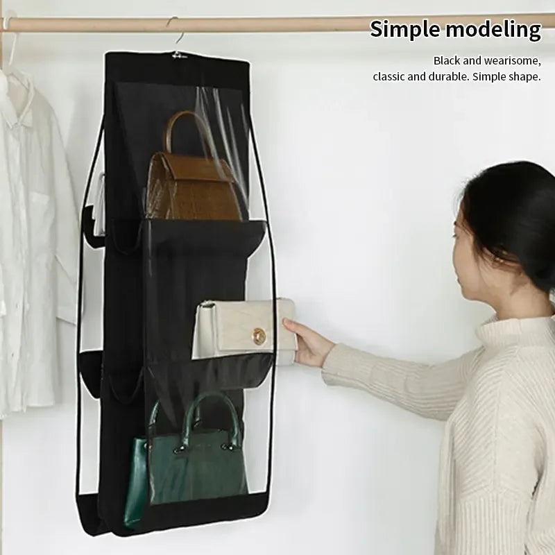 Foldable Oxford Fabric Handbag Organizer: 6-Pocket Storage for Black Handbags, Ideal for Family Closet & Bedroom Use.