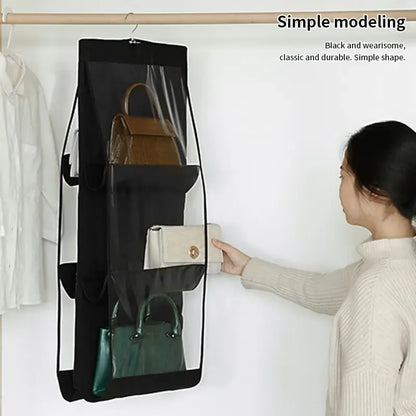 Foldable Oxford Fabric Handbag Organizer: 6-Pocket Storage for Black Handbags, Ideal for Family Closet & Bedroom Use.