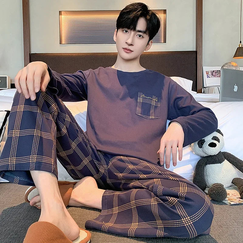 2024 Spring Autumn Plus 4XL Cotton Men's Sleepwear Pajamas Korean Fashion Pijamas Sets Casual Loungewear Pyjamas Night Fashion