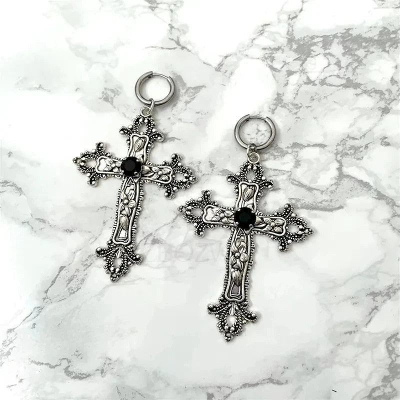 Gothic Large Silver Colour Tone Jewel Cross Earrings with Black Punk Hallowmas Jewellery Gorgeous Wedding Statement Women