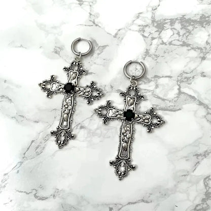 Gothic Large Silver Colour Tone Jewel Cross Earrings with Black Punk Hallowmas Jewellery Gorgeous Wedding Statement Women