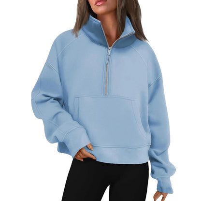 Women's Stand Collar Plus Fleece Solid Color Hoodie  Long Sleeve Pocket Loose Half Zip Pullover Hoodie Top лонгслив женский