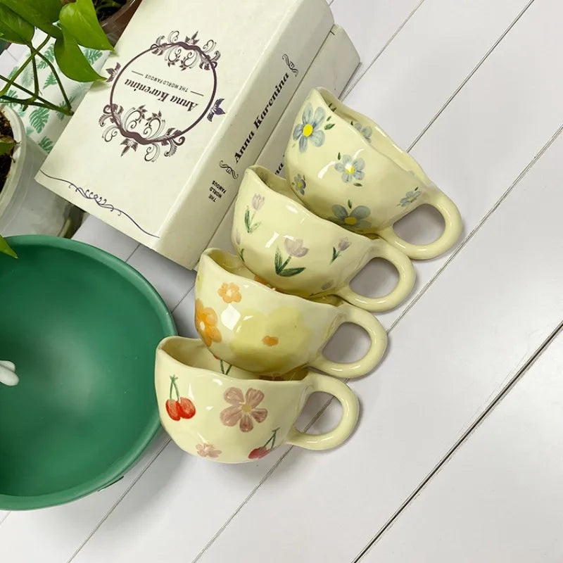 Ceramic Mugs Coffee Cups Hand Pinched Irregular Flower Milk Tea Cup ins korean style Oatmeal Breakfast Mug Drinkware Kitchen