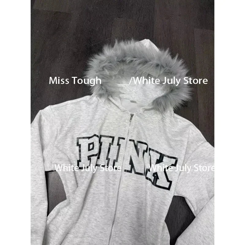 Vintage Y2k Aesthetic Grunge Letter Print Zippers Hoodies Women Coat Casual Gray Femme Korean Fur Patchwork Hooded Sweatshirts