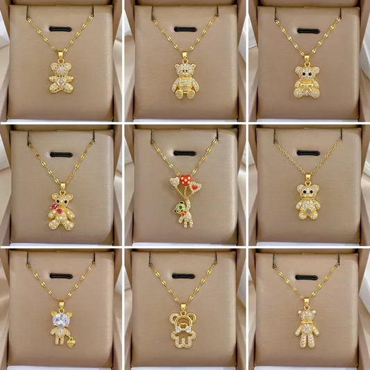 Gold Color Stainless Steel Chain Cute Shiny Zircon Bear Pendant Necklaces for Women Girls Lovely Luxury Jewelry Accessories Gift