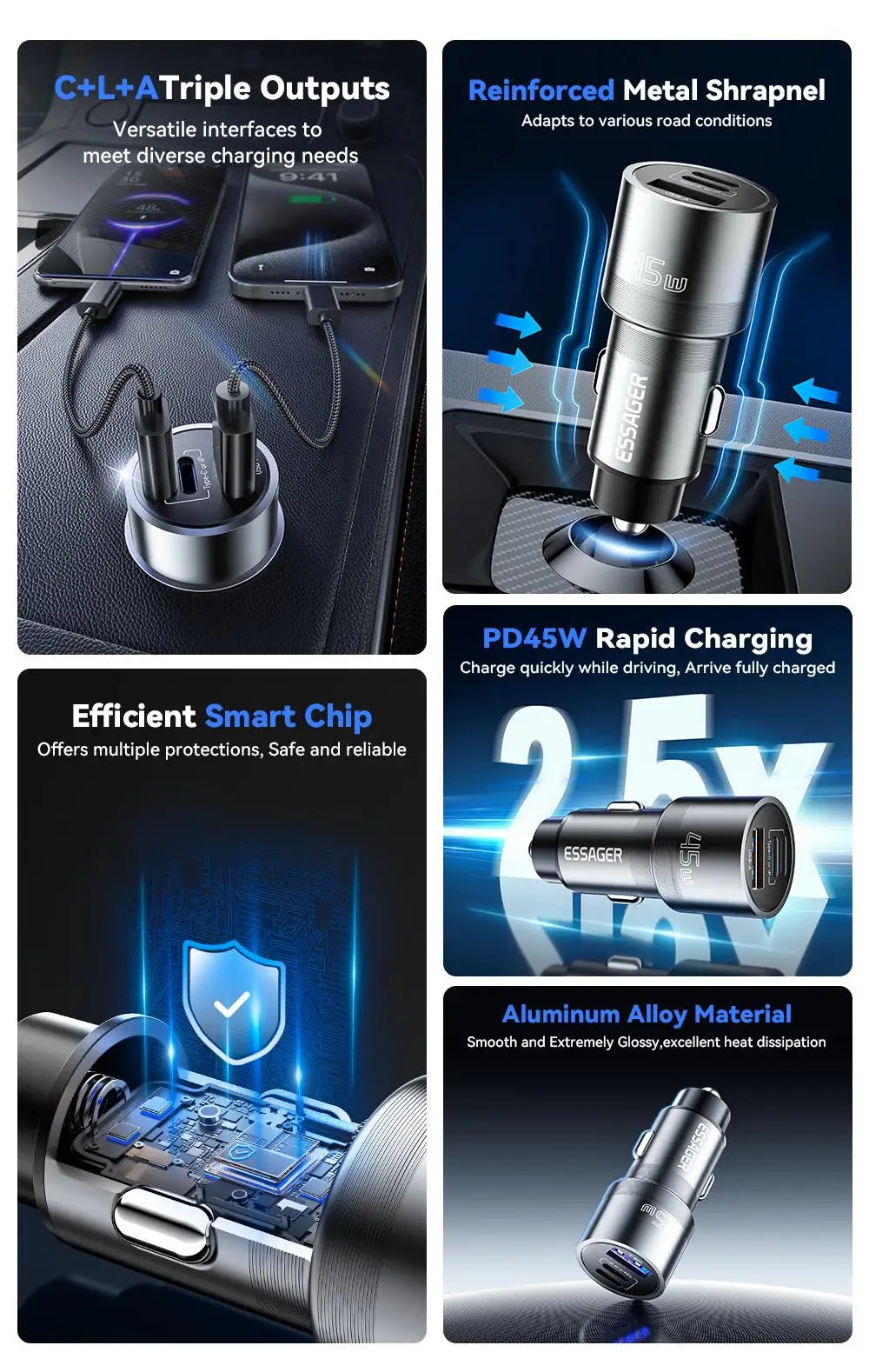 Essager iP Port Car Charger USB Type C PD QC 3.0 PPS 45W Fast Charging for iPhone 15 MacBook Samsung Xiaomi Mobile Phone Charger