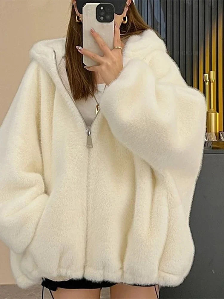 Faux Fur Coat Women Casual Hoodie Loose Fluffy Thicken Warm Jacket Female Winter Fashion Solid Zipper Warm Outwears Lady