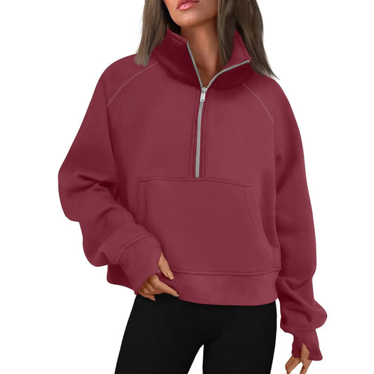 Women's Stand Collar Plus Fleece Solid Color Hoodie  Long Sleeve Pocket Loose Half Zip Pullover Hoodie Top лонгслив женский