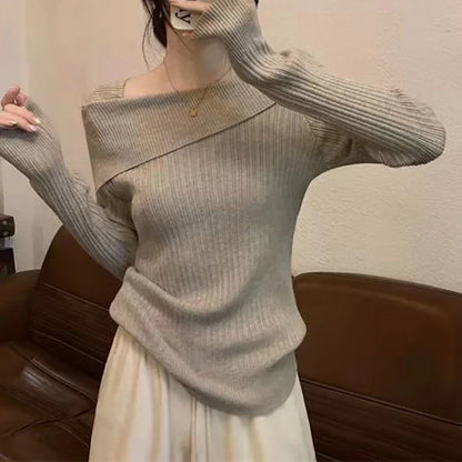 Solid Sexy Slim Off Shoulder Slash Neck Long Sleeve Knitting Sweater  Women Jumpers Office Fashion New